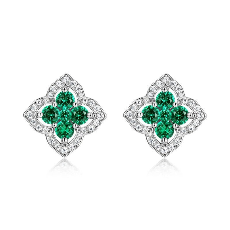 Round Cut Lab Emerald Nature Inspired Four Leaf Clover Stud Earrings