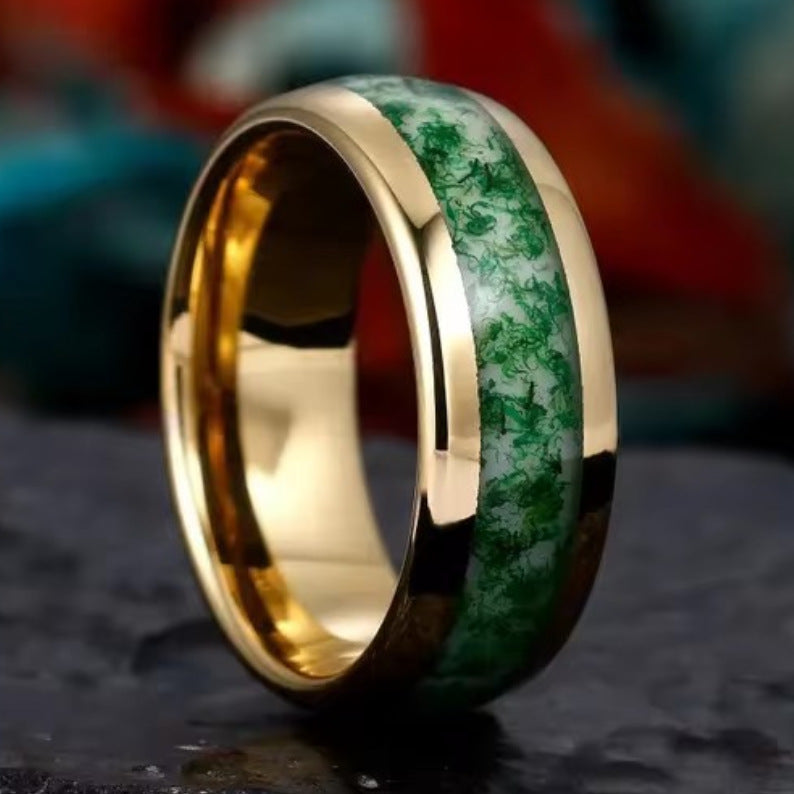 'BiAura' Two-Tone Polished Dome Moss Agate Green Men Band