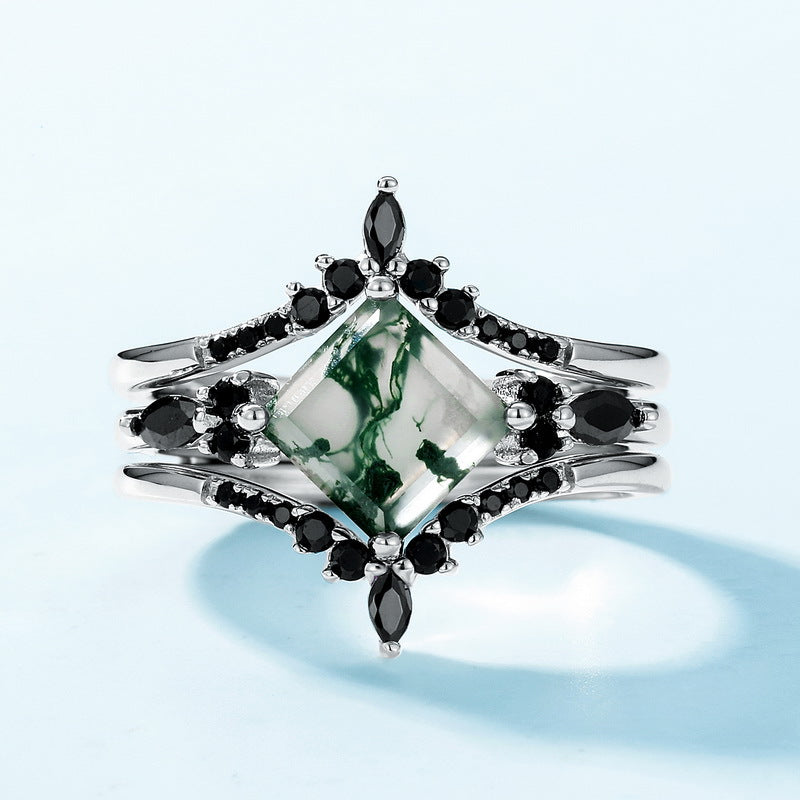 Unique Princess Cut Moss Agate & Black Moissanite Luxury Engagement Ring Set 3PCS