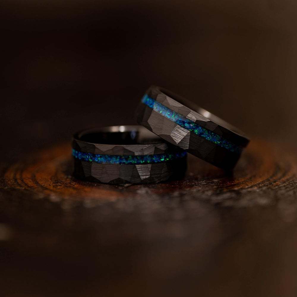 “Neon Rift” 8MM Hammered Flat with Blue Opal Inlay Men Band