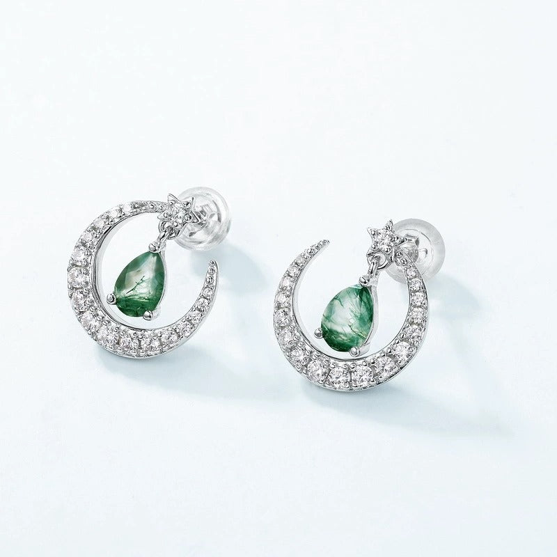 Pear Cut Moss Agate Galaxy Crescent Moon Stud Earrings