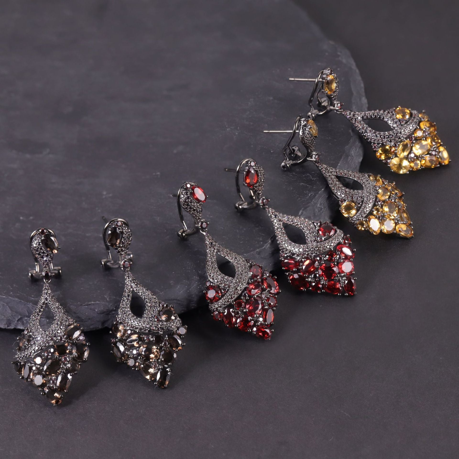 Oval Cut Natural Garnet Vintage Cluster Drop Earrings Gothic Black Gold Plated Earrings