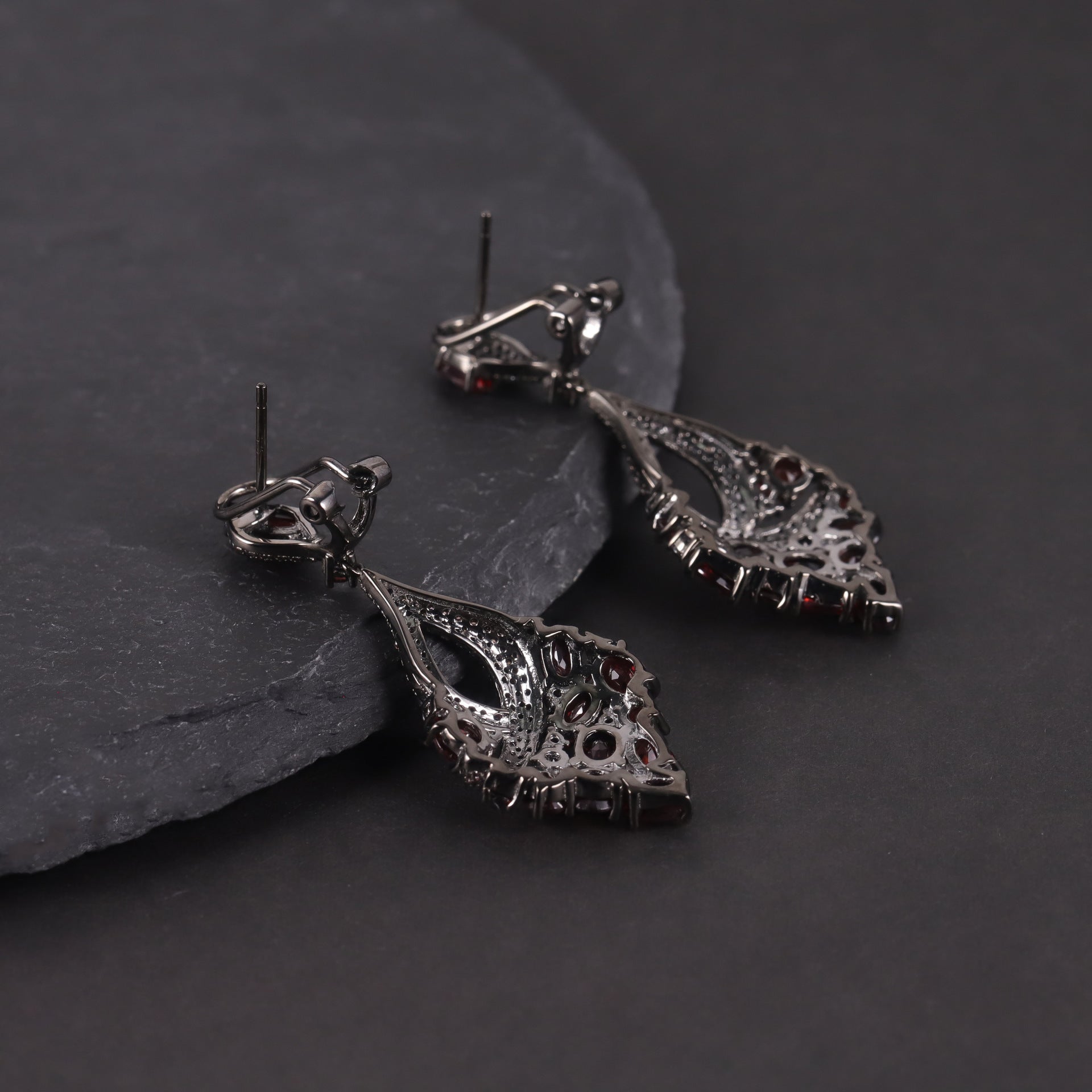 Oval Cut Natural Garnet Vintage Cluster Drop Earrings Gothic Black Gold Plated Earrings