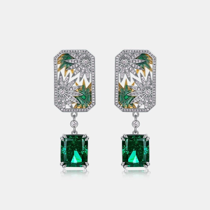 Emerald Cut Green High Carbon Zircon Unique Drop Earrings