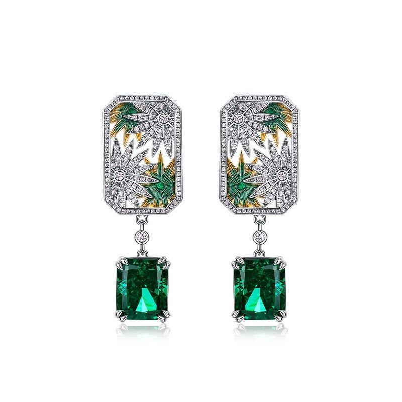Emerald Cut Green High Carbon Zircon Unique Drop Earrings
