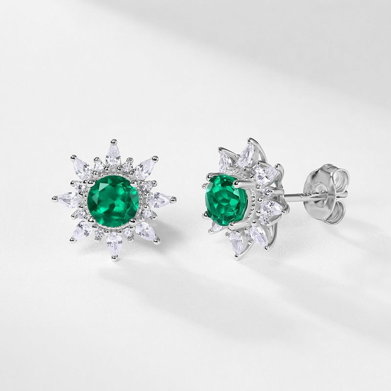Round Cut Lab Emerald Nature Inspired Sunflower Stud Earrings