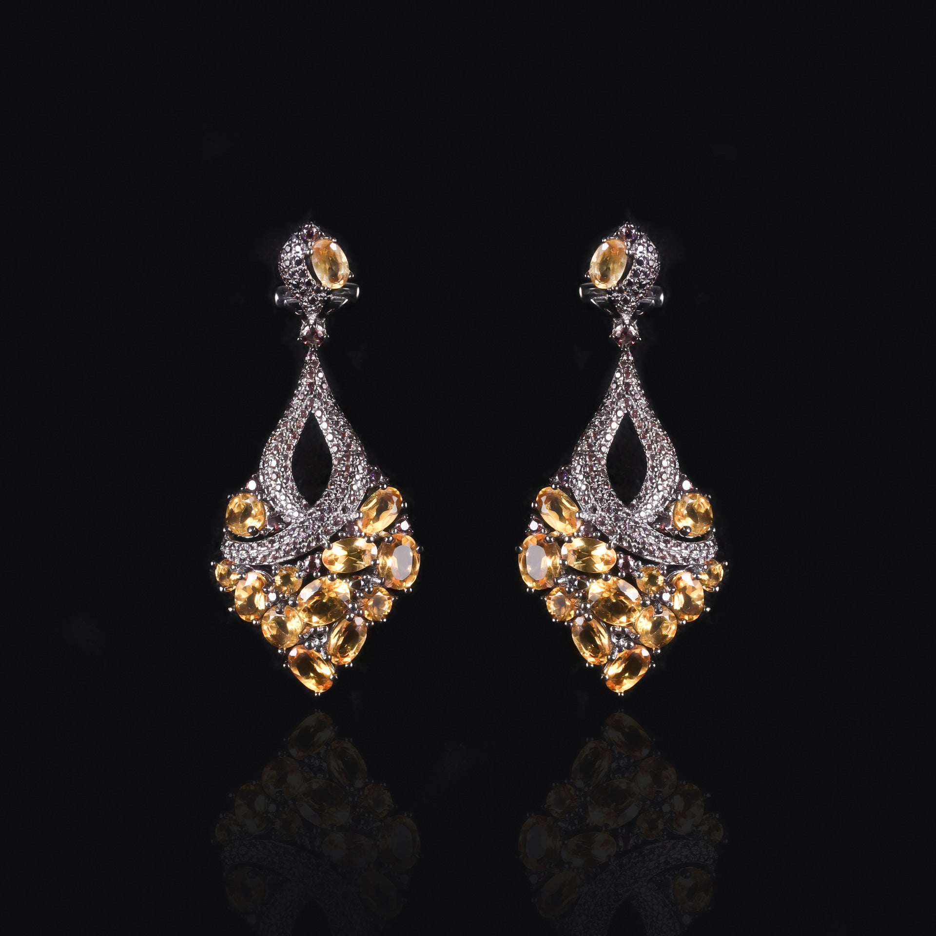 Oval Cut Natural Garnet Vintage Cluster Drop Earrings Gothic Black Gold Plated Earrings