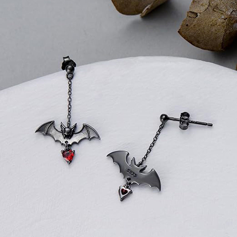 Gothic Heart Cut Cubic Zirconia Bat Earrings Halloween Drop Earrings