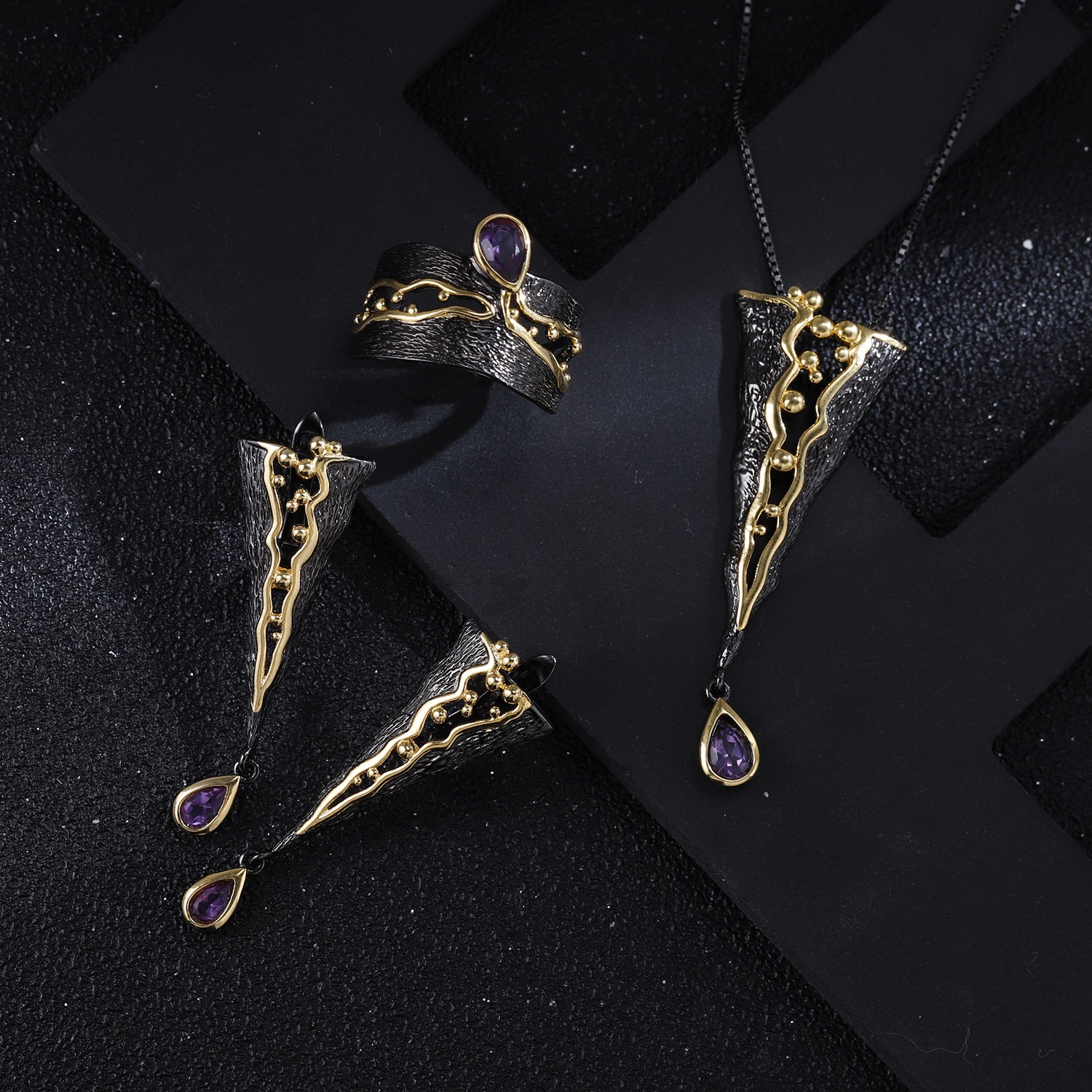 Pear Cut Natural Amethyst Italian Craft Vintage Earrings Gothic Earrings