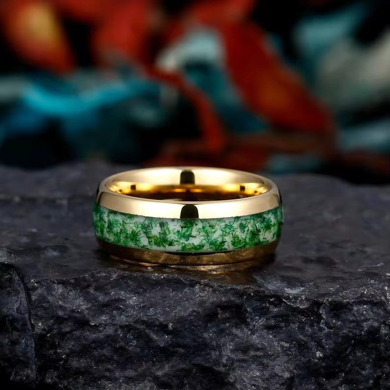 'BiAura' Two-Tone Polished Dome Moss Agate Green Men Band