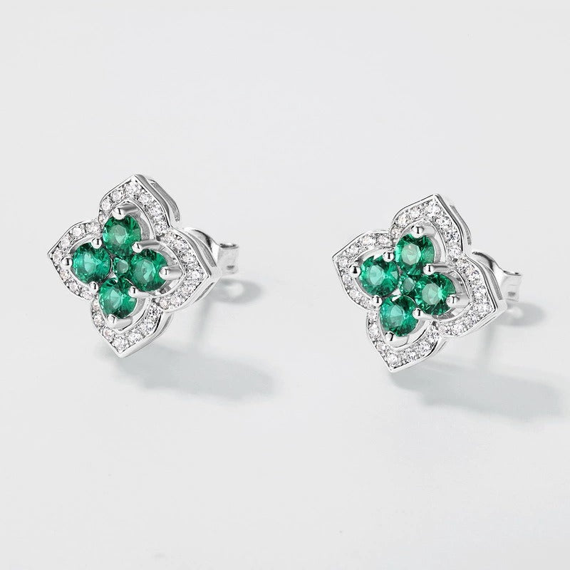 Round Cut Lab Emerald Nature Inspired Four Leaf Clover Stud Earrings