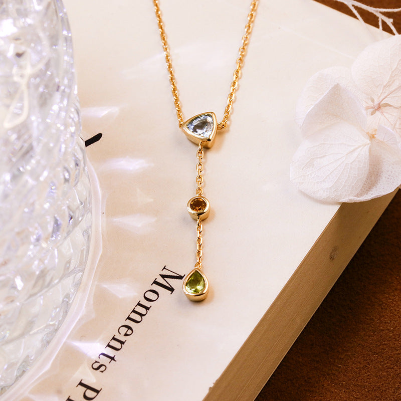 Seraphina -  Pear Cut Aquamarine Citrine and Green Peridot Layered and Elegant Classic Necklace