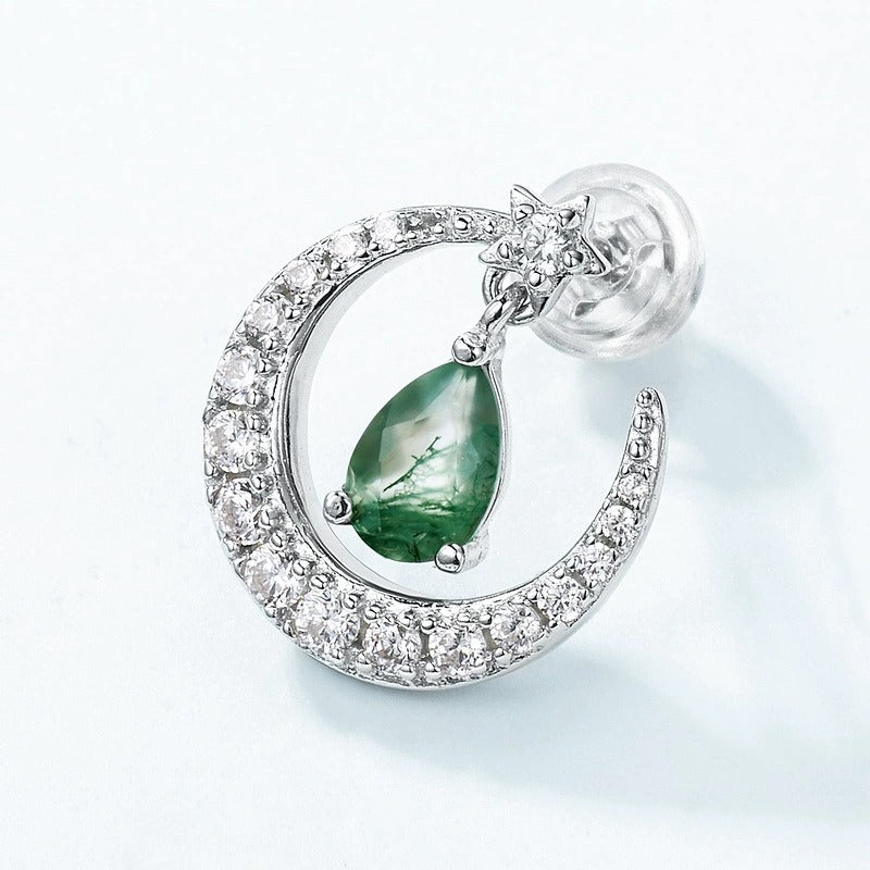 Pear Cut Moss Agate Galaxy Crescent Moon Stud Earrings