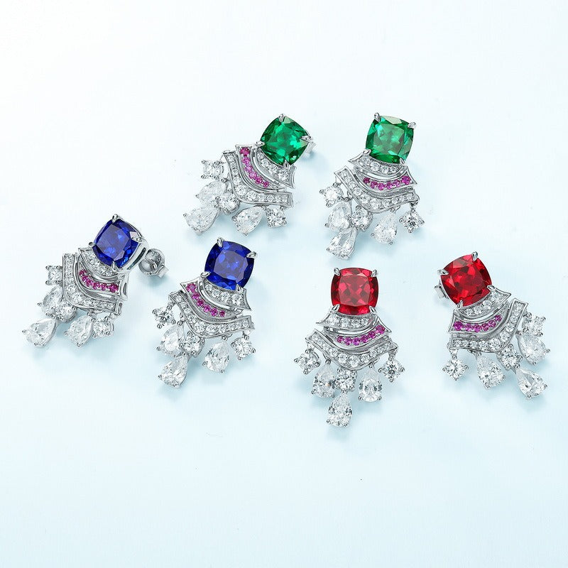 Cushion Cut Lab Ruby Unique Drop Earrings