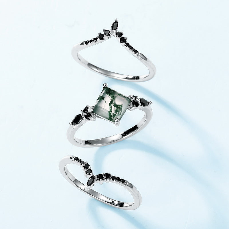 Unique Princess Cut Moss Agate & Black Moissanite Luxury Engagement Ring Set 3PCS