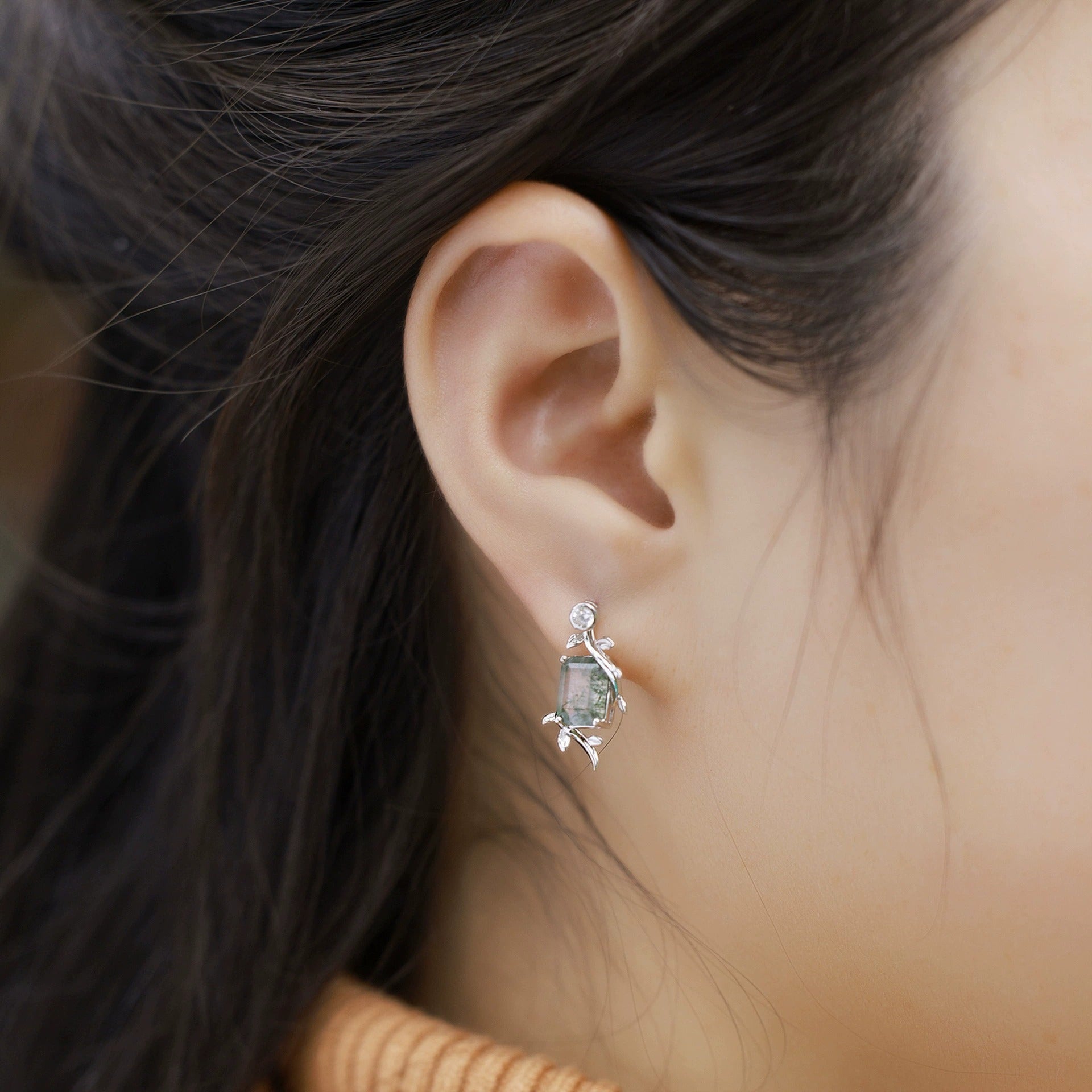 Emerald Cut Moss Agate Nature Inspired Leaf Earrings