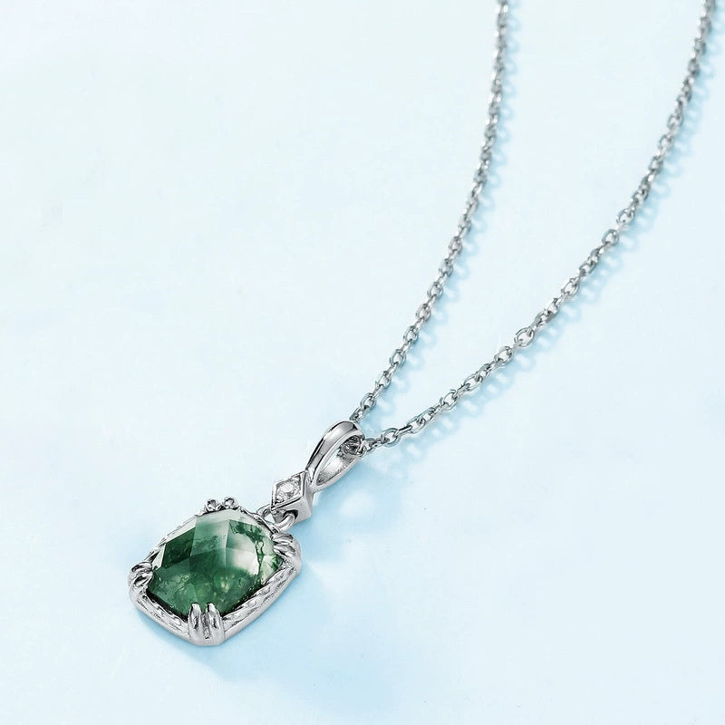 Sylviana Cushion Cut Moss Agate Halo Necklace