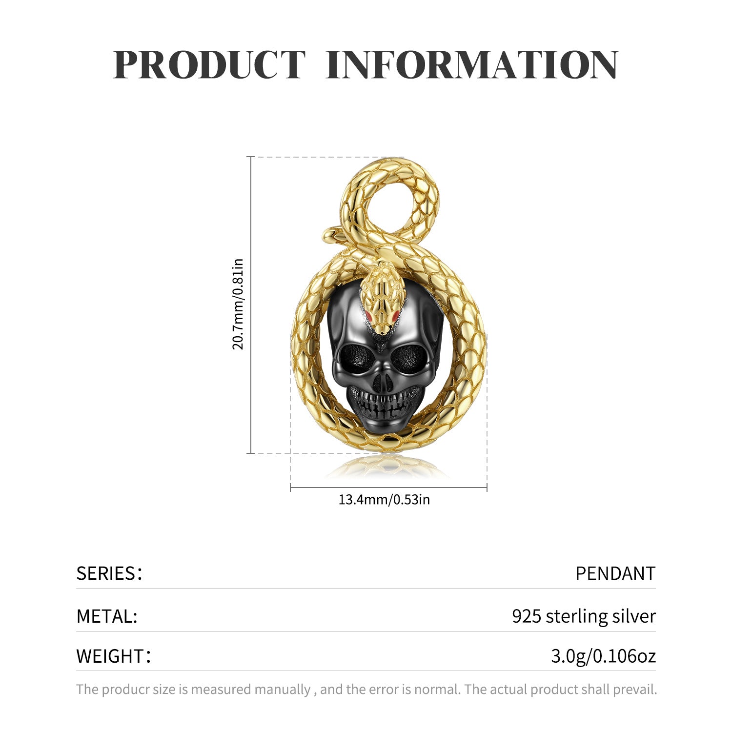 Onyx Dark Aesthetics Headed Skull and Snake Unique Gothic Design Pendant