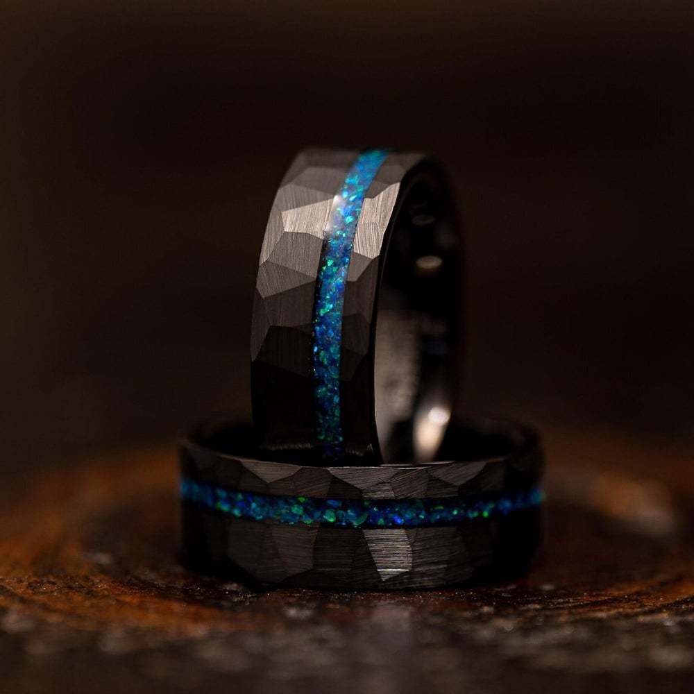 “Neon Rift” 8MM Hammered Flat with Blue Opal Inlay Men Band