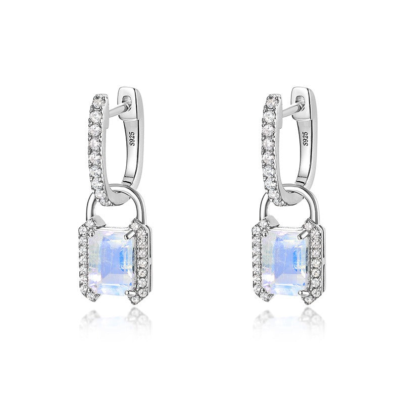 Emerald Cut Blue Moonstone Unique Drop Earrings