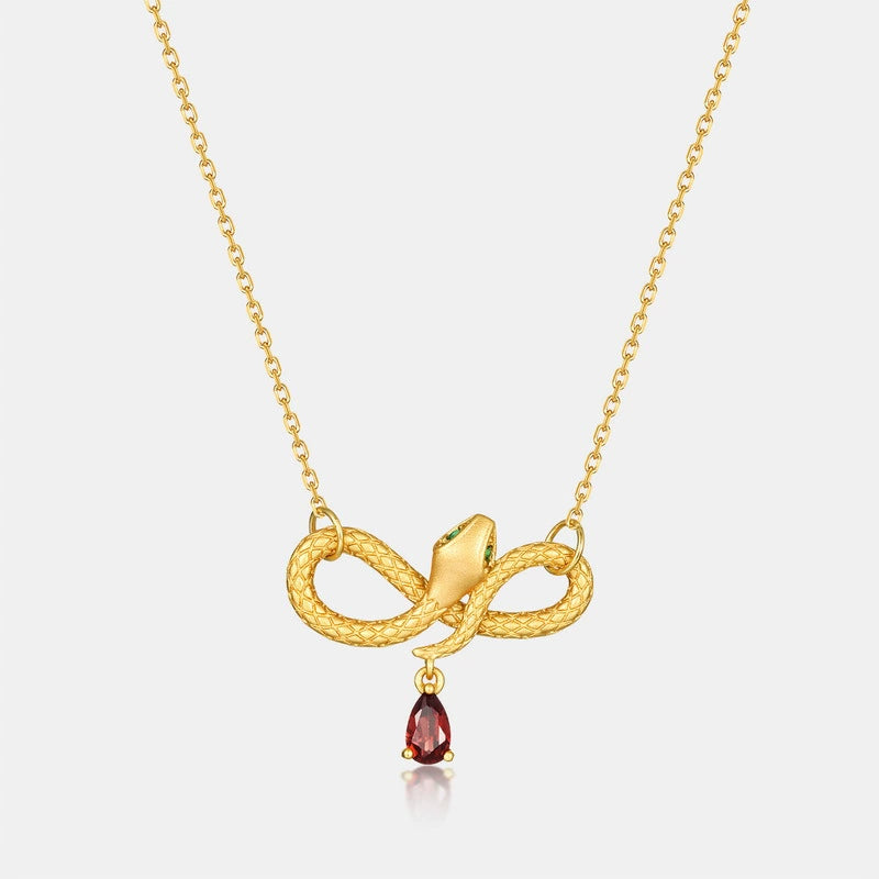 Pear Cut Garnet Mystical Serpent Carved Unique Necklace