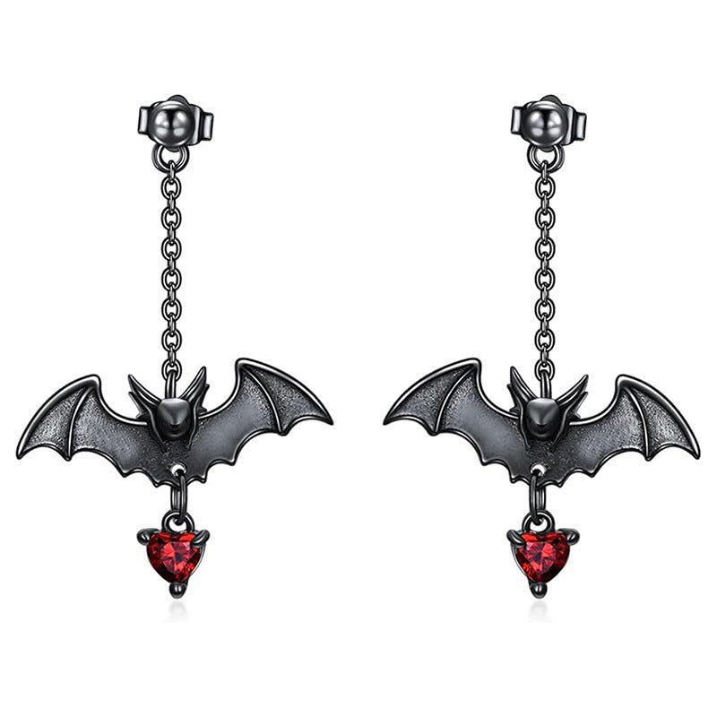 Gothic Heart Cut Cubic Zirconia Bat Earrings Halloween Drop Earrings