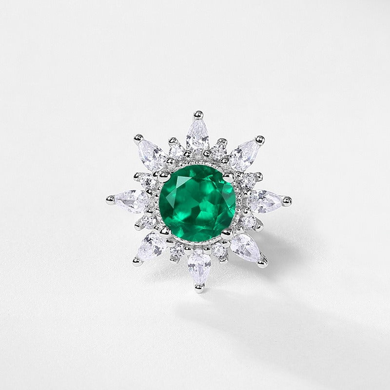 Round Cut Lab Emerald Nature Inspired Sunflower Stud Earrings