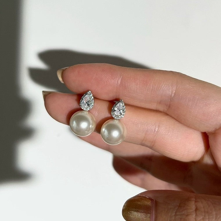 10K/14K Pear Cut Zircon & Natural Pearl Drop Earrings Classic Wedding Earrings