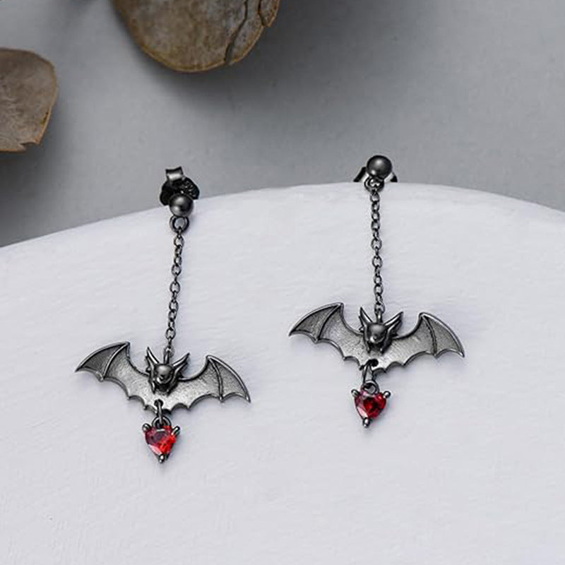 Gothic Heart Cut Cubic Zirconia Bat Earrings Halloween Drop Earrings