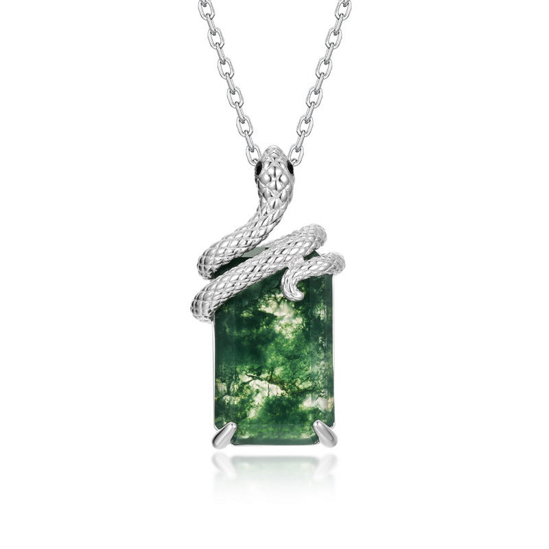 Kite Cut Moss Agate Mystical Serpent Carved Nature Inspired  Necklace