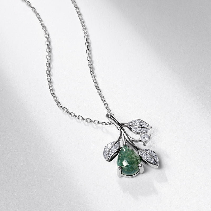 'Moss Whisper' Nature Inspired Pear Cut Leafy Moss Agate Necklace