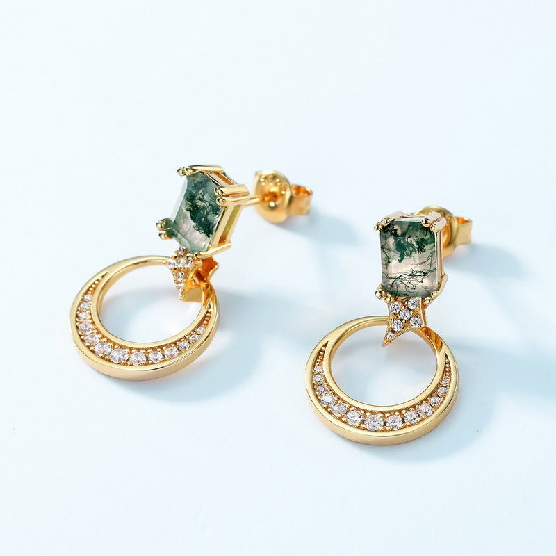 Emerald Cut Moss Agate Crescent Moon Drop Earrings