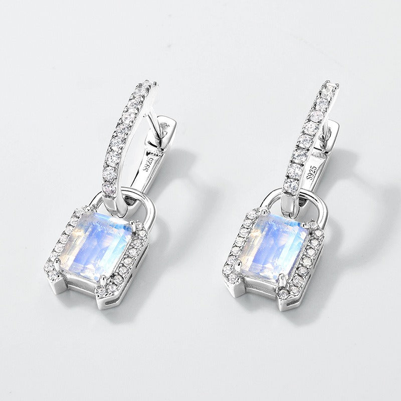 Emerald Cut Blue Moonstone Unique Drop Earrings