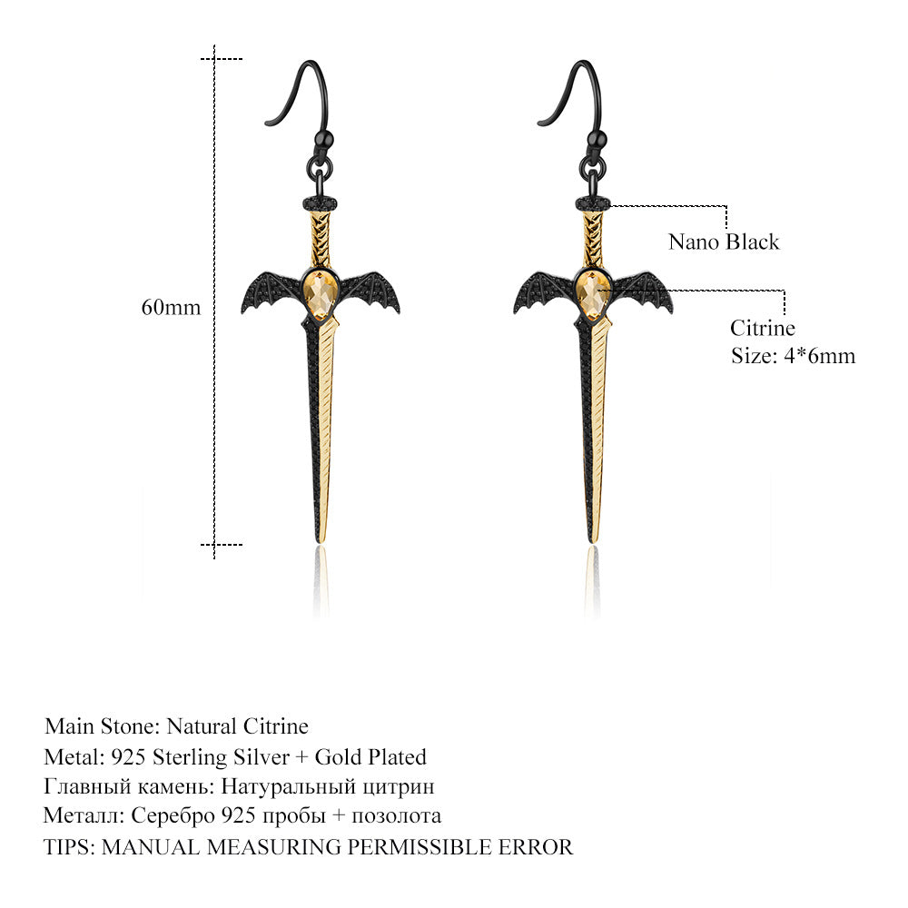 Gothic Pear Cut Natural Garnet Sword/Dagger & Bat Drop Earrings