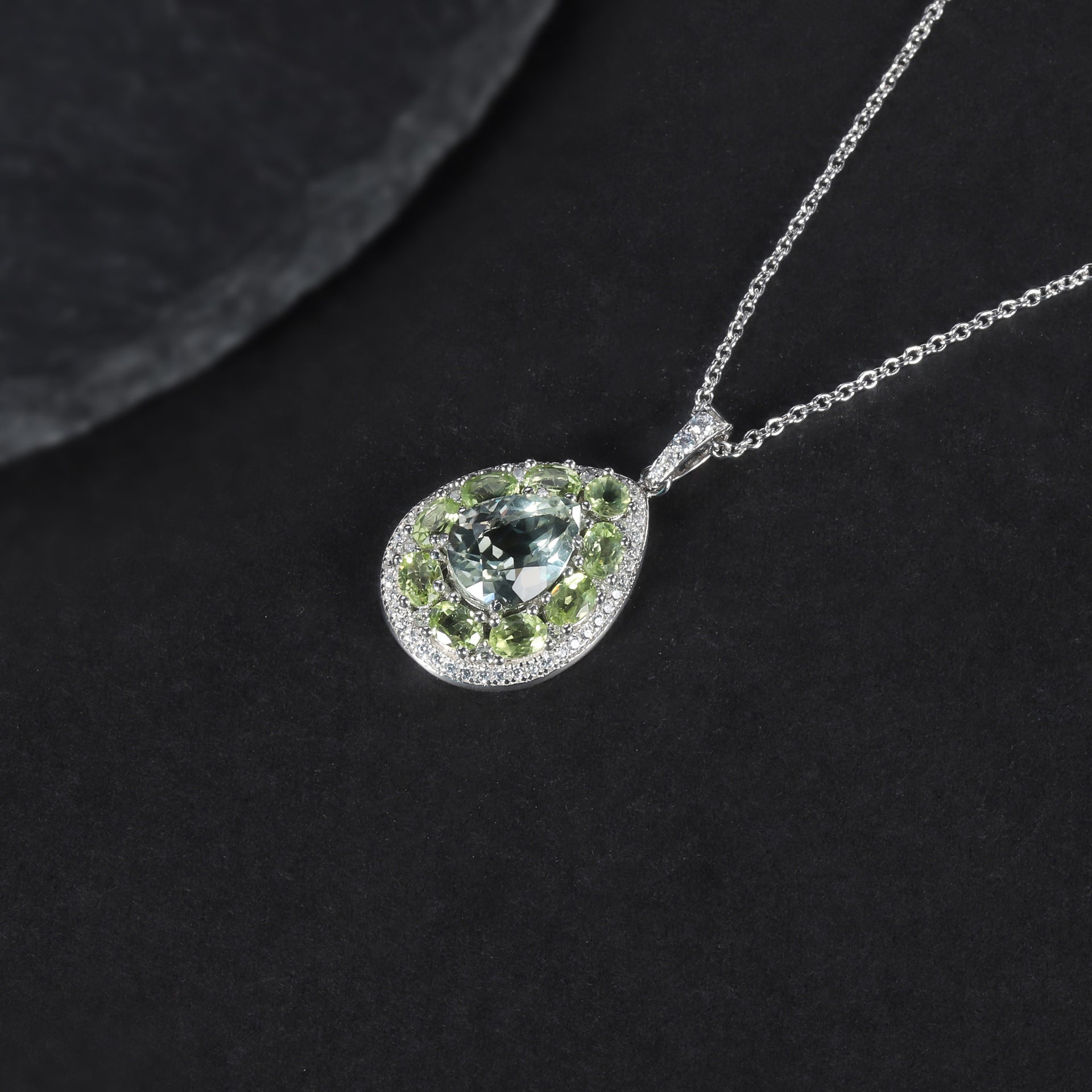 AquaLumine - Pear Cut Natural Green Amethyst Halo Necklace