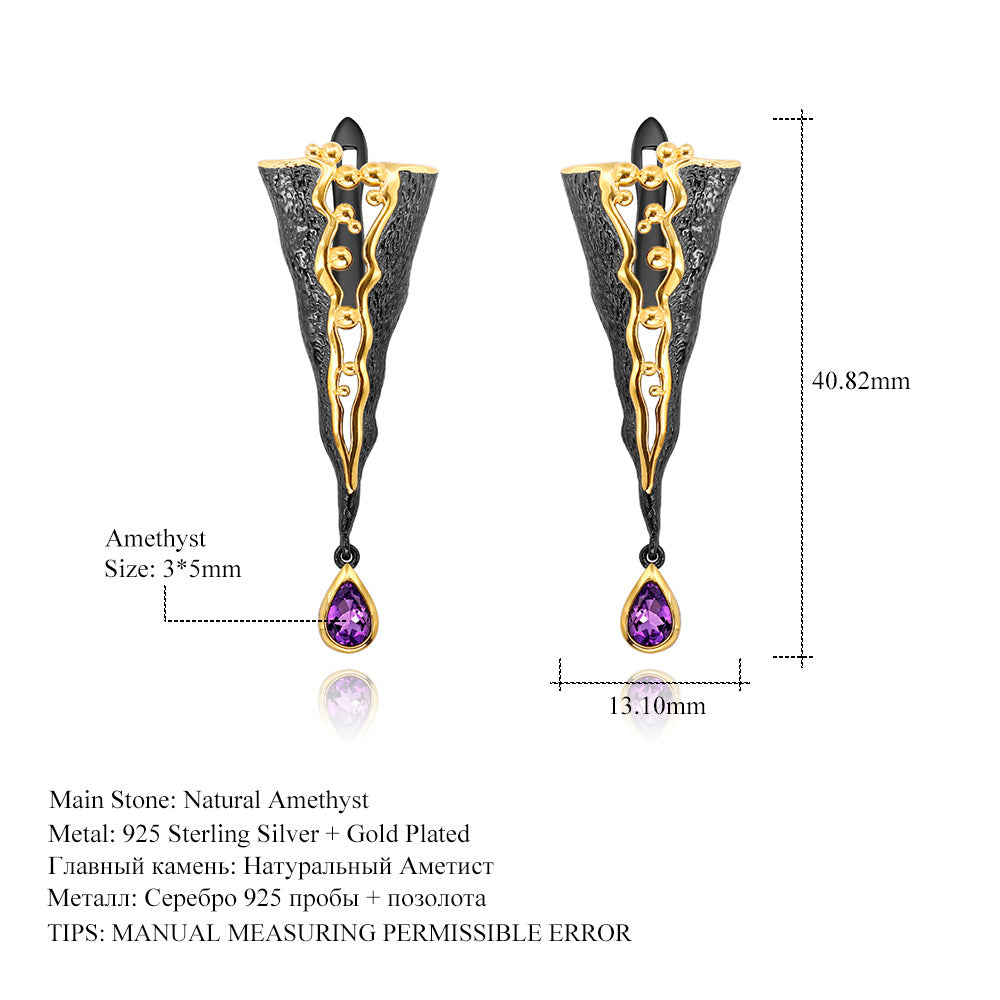 Pear Cut Natural Amethyst Italian Craft Vintage Earrings Gothic Earrings
