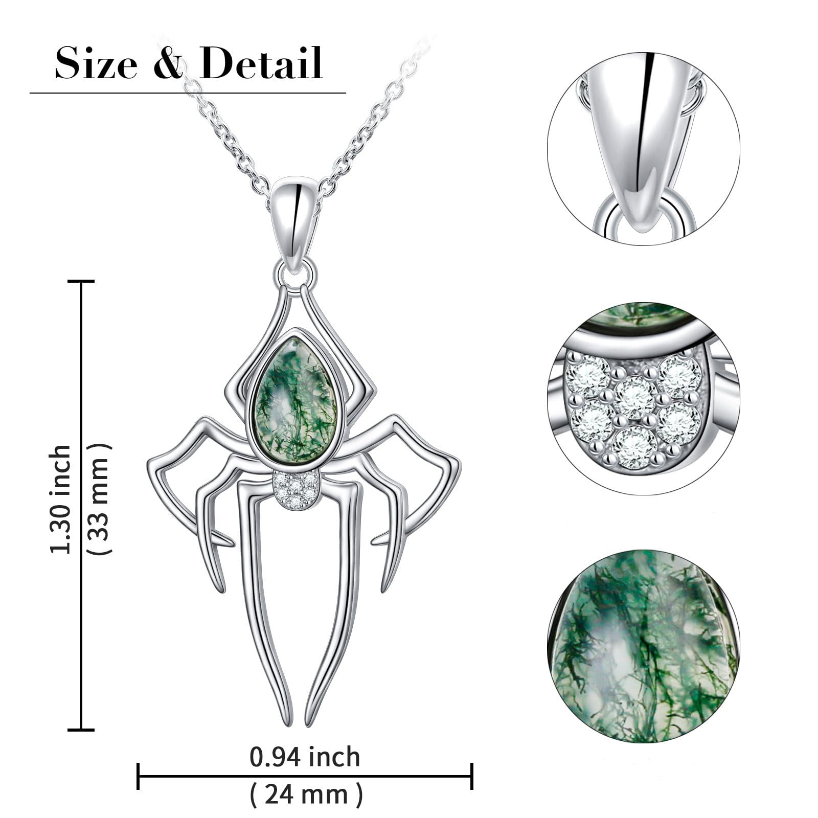 'Nocturne Spider' Gothic Moss Agate Rhinestone Spider Necklace for Women