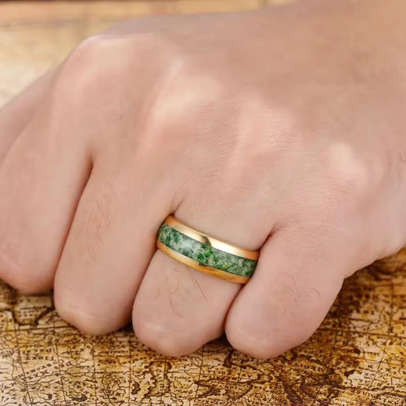 'BiAura' Two-Tone Polished Dome Moss Agate Green Men Band