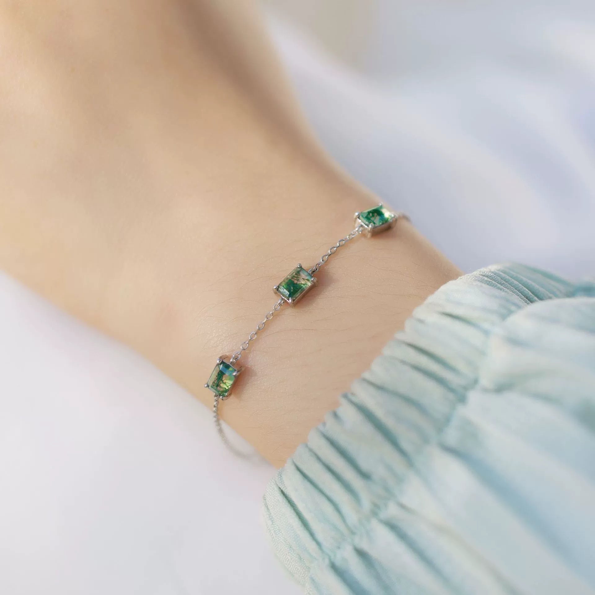 "Sylva" - Emerald Cut Moss Agate Classic Bracelet