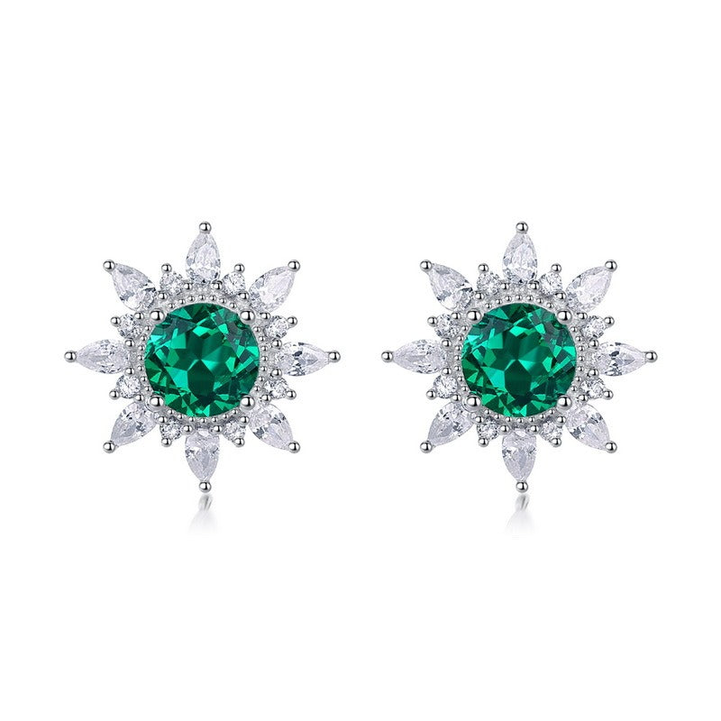 Round Cut Lab Emerald Nature Inspired Sunflower Stud Earrings