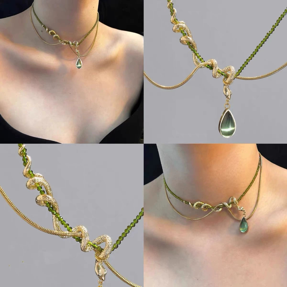 Thalia- Pear Cut Green Peridot Unique Serpent Shape Necklace