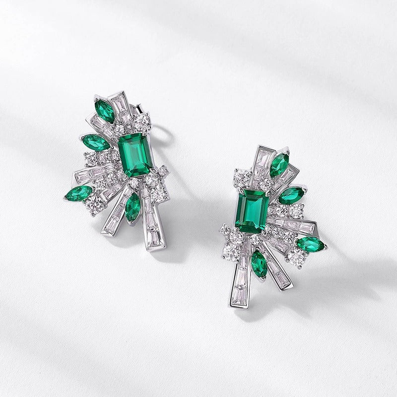 Emerald Cut Lab Emerald Unique Stud Earrings