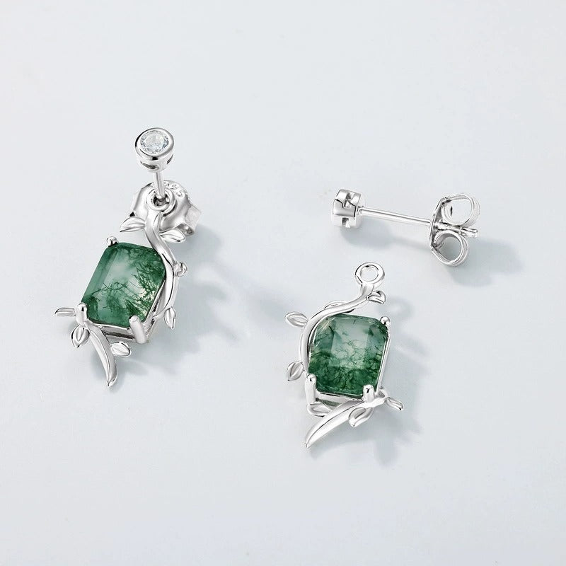 Emerald Cut Moss Agate Nature Inspired Leaf Earrings