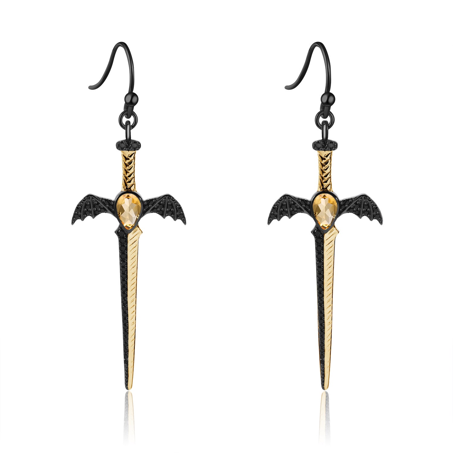 Gothic Pear Cut Natural Garnet Sword/Dagger & Bat Drop Earrings
