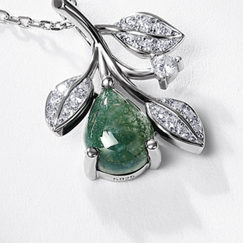 'Moss Whisper' Nature Inspired Pear Cut Leafy Moss Agate Necklace