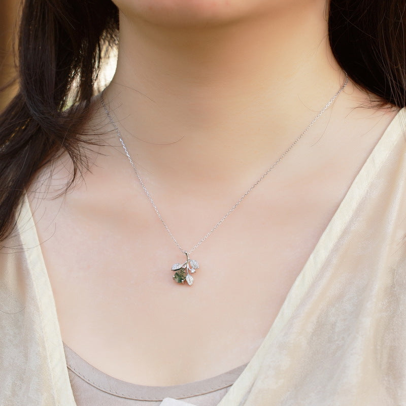 'Moss Whisper' Nature Inspired Pear Cut Leafy Moss Agate Necklace