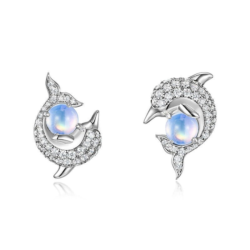 Round Cut Blue Moonstone Ocean Elegant Dolphin Earrings