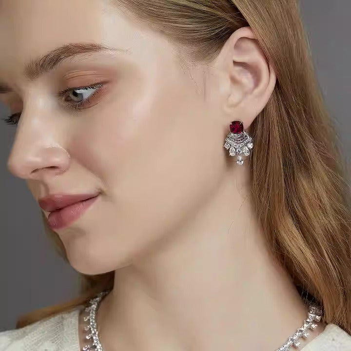 Cushion Cut Lab Ruby Unique Drop Earrings