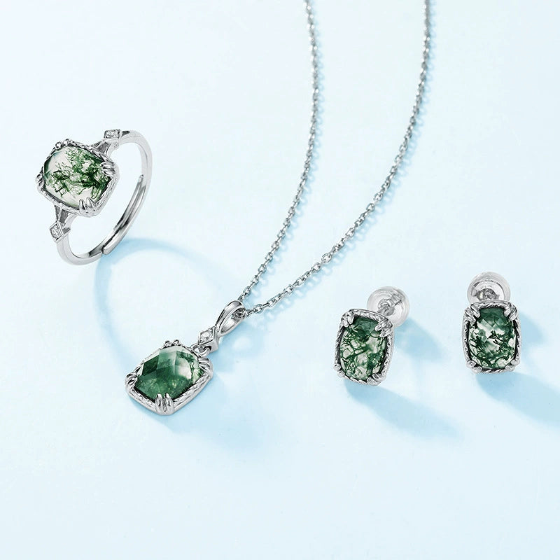 Sylviana Cushion Cut Moss Agate Halo Necklace