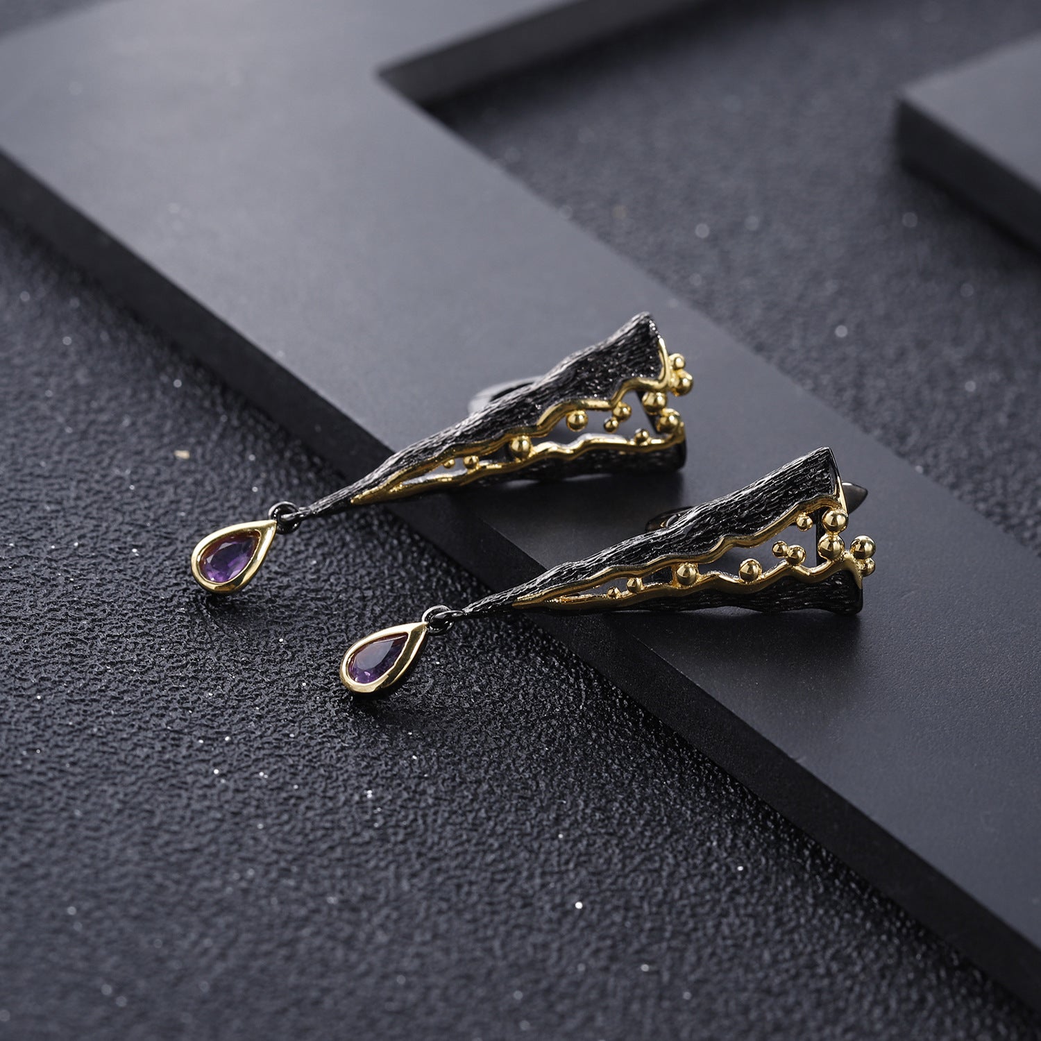 Pear Cut Natural Amethyst Italian Craft Vintage Earrings Gothic Earrings